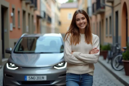 Jeune femme souriante près d'une voiture électrique urbaine