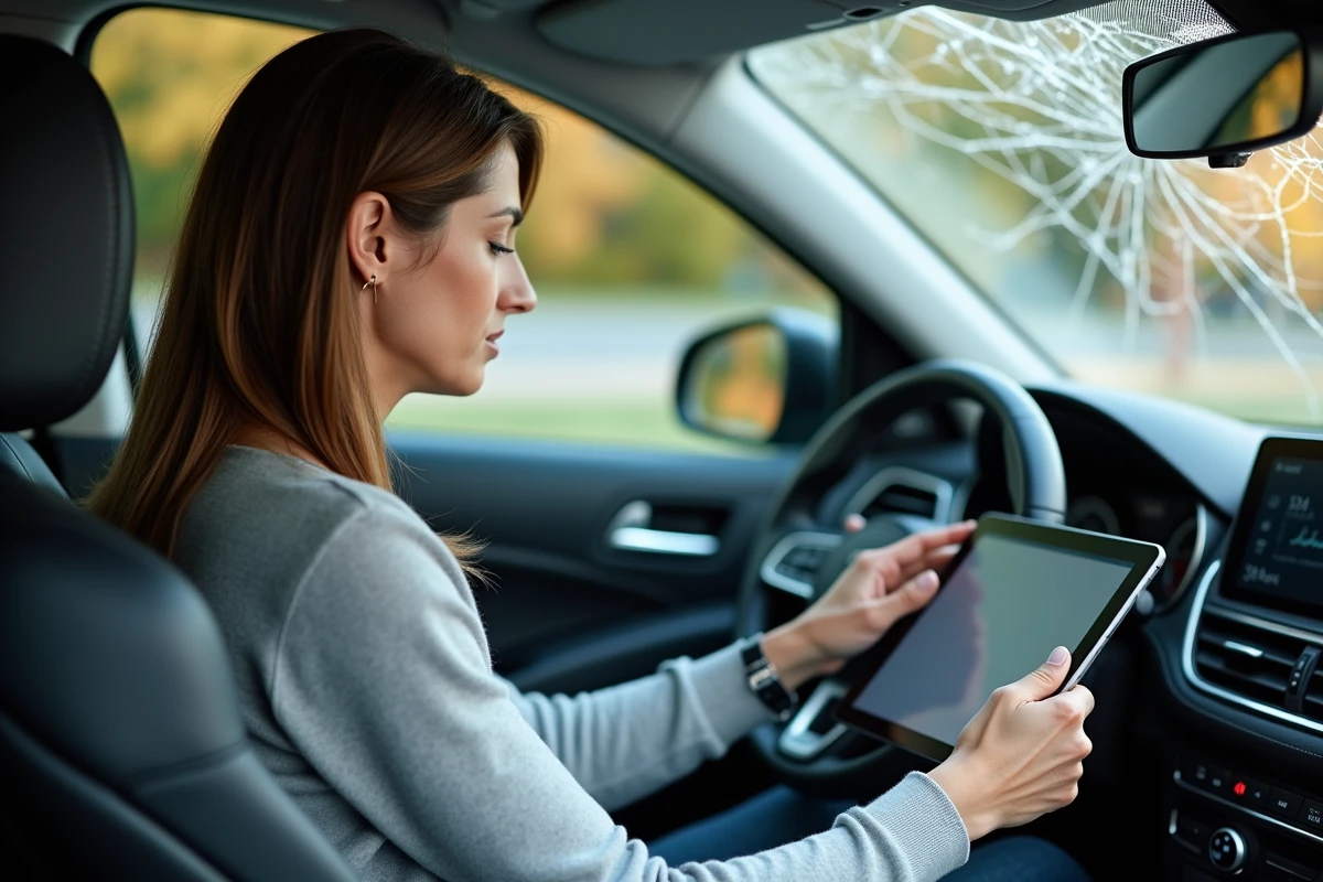 Femme à l'intérieur d'une voiture avec pare-brise fissuré consultant un site de prise de rendez-vous Carglass sur une tablette