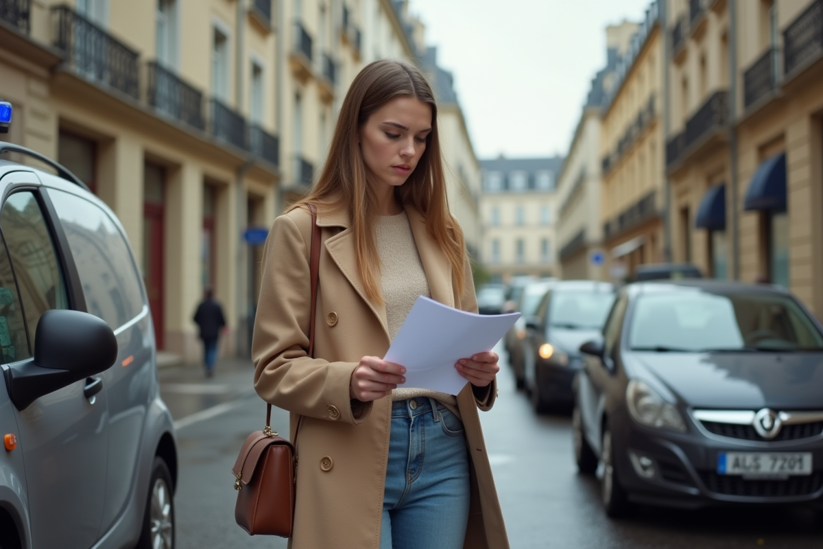 Jeune femme française devant sa voiture dans une rue parisienne