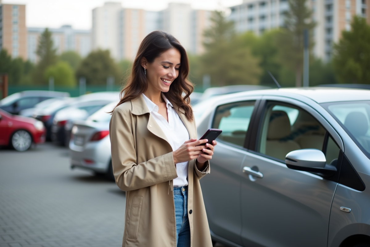 Femme souriante vérifiant sa confirmation d