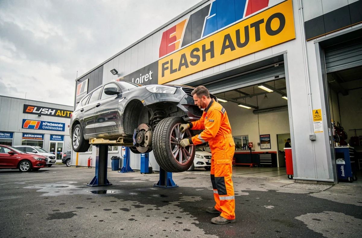 Technicien de Flash Auto changeant rapidement un pneu dans un centre de service automobile rapide du Loiret