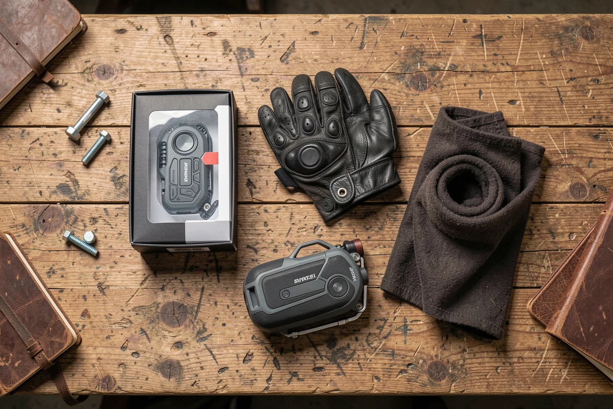 Flat lay d'accessoires moto pour homme sur un établi en bois, sélection de cadeaux pour motard