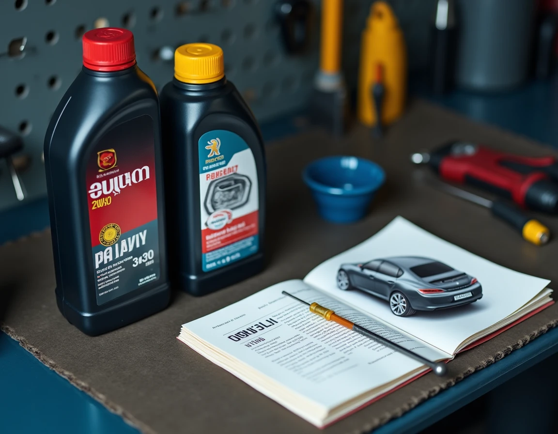 Vue de dessus de flacons d'huile 0W30 et 5W30 avec manuel du propriétaire Peugeot 208 sur établi de garage