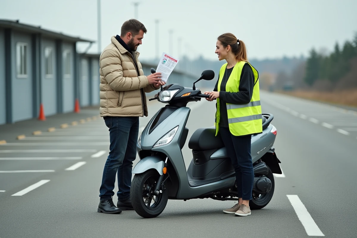 Homme adulte en formation scooter 3 roues dans une auto-école, consultant un guide de permis avec une monitrice