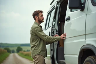 Homme inspectant un fourgon aménagé d'occasion garé sur une route de campagne, évaluant l'état extérieur du véhicule