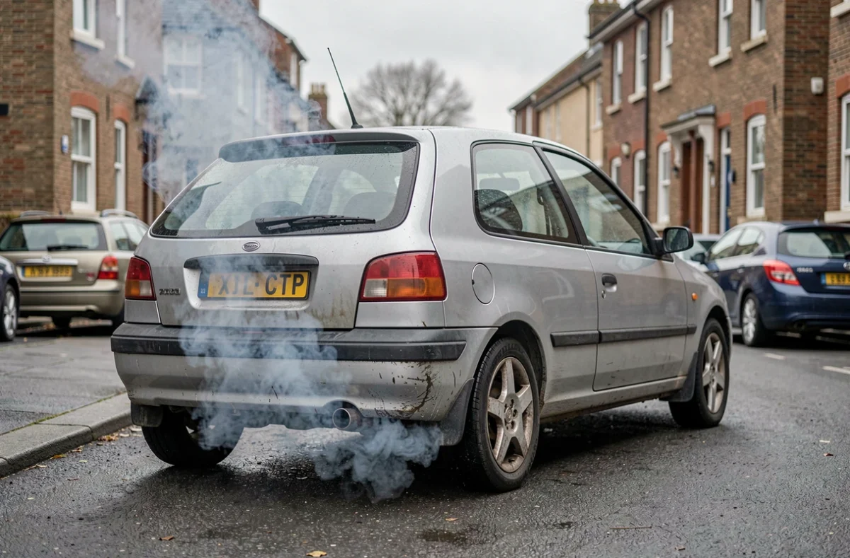 Fumée bleue s'échappant du pot d'échappement d'une voiture diesel HDi en panne de puissance dans une rue urbaine