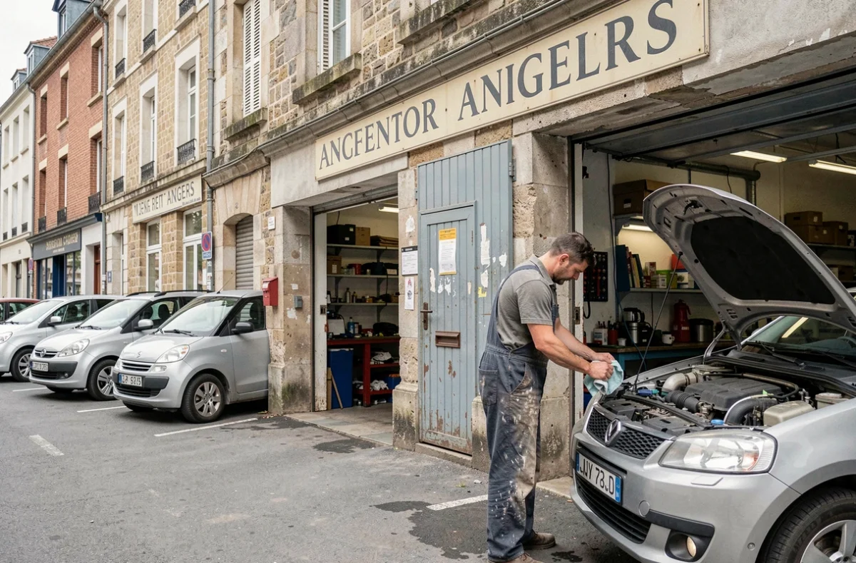 Garage Besnard à Angers avec un mécanicien en combinaison de travail devant des véhicules en réparation