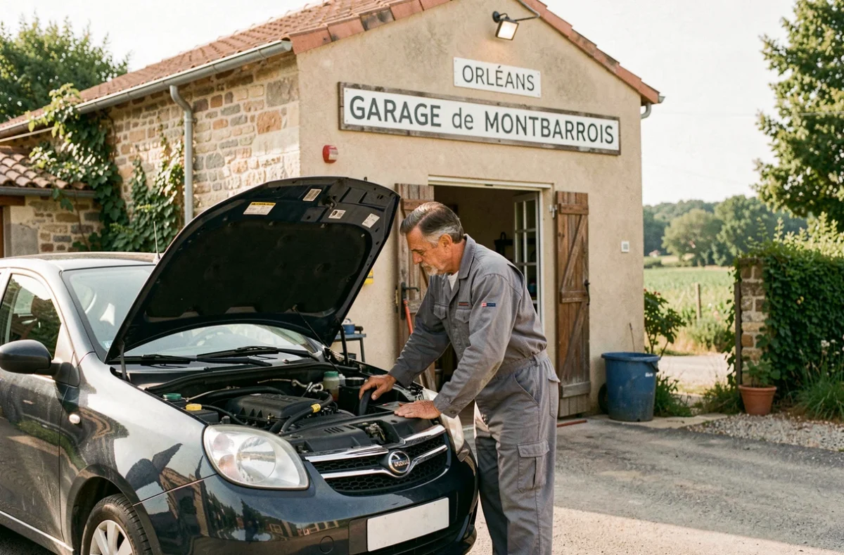 Mécanicien du Garage de Montbarrois inspectant le moteur d'un véhicule devant l'atelier en milieu rural dans le Loiret