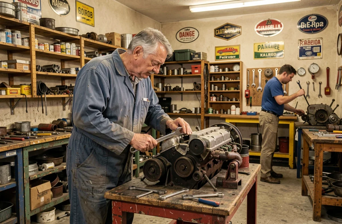 Mécanicien expérimenté du Garage Mahon travaillant sur un moteur dans l'ambiance chaleureuse d'un garage familial du Loiret