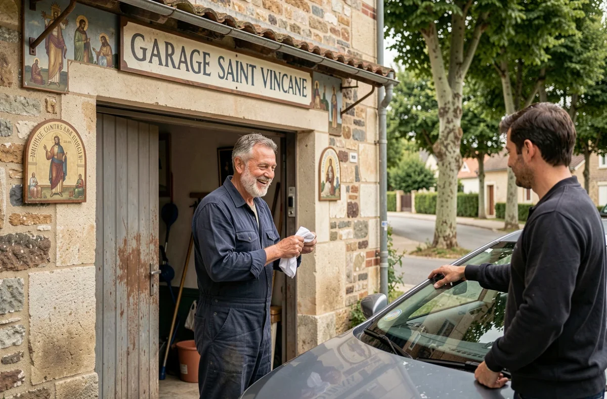 Mécanicien du Garage Saint Vincent remettant les clés d'un véhicule réparé à un client satisfait dans une rue du Loiret