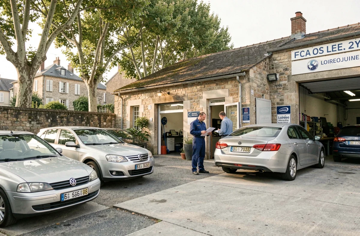 Façade du Garage St Maurille aux Ponts-de-Cé avec des véhicules exposés sur le parvis et un mécanicien en uniforme bleu
