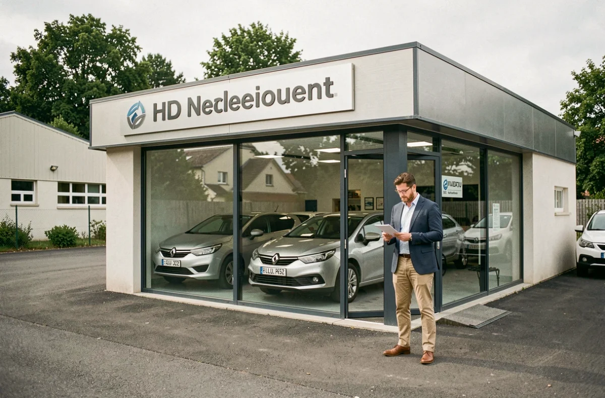 Devanture de GLK Auto à Verrières-en-Anjou avec un conseiller commercial et des voitures d'occasion exposées