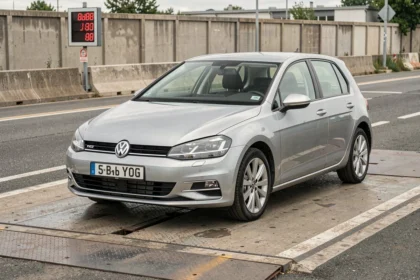 Volkswagen Golf 7 sur un pont-bascule de pesage avec affichage du poids réel, vue 3/4 avant