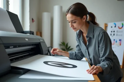 Graphiste examinant un logo DAF imprimé avec des bords pixelisés sur une imprimante grand format en studio