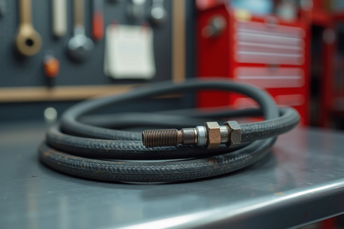 Gros plan sur une durite ABS usée avec fissures et raccords métalliques rouillés posée sur un établi d'atelier