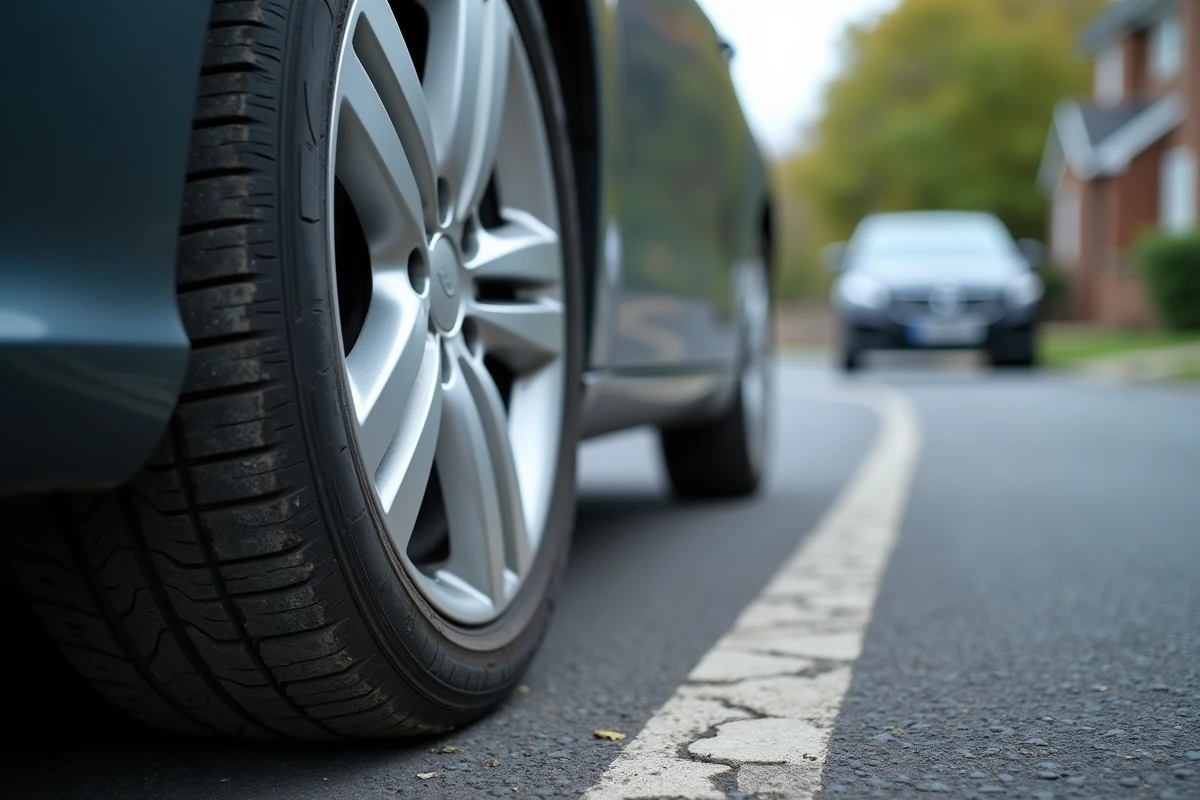 Gros plan sur un pneu avant fortement usé avec indicateurs d'usure visibles sur route asphaltée en milieu urbain