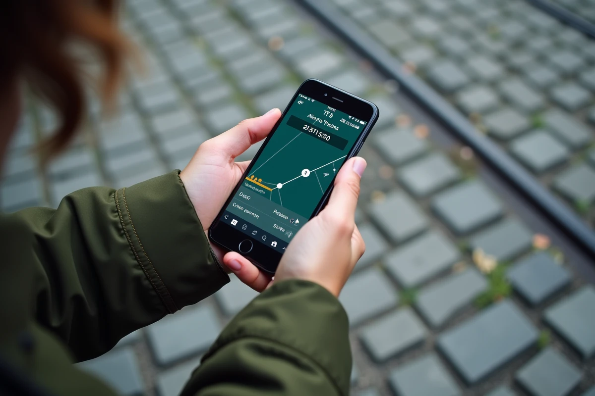 Gros plan sur un smartphone affichant l'application de suivi en temps réel de la ligne de tramway T5 avec minuterie d'arrivée