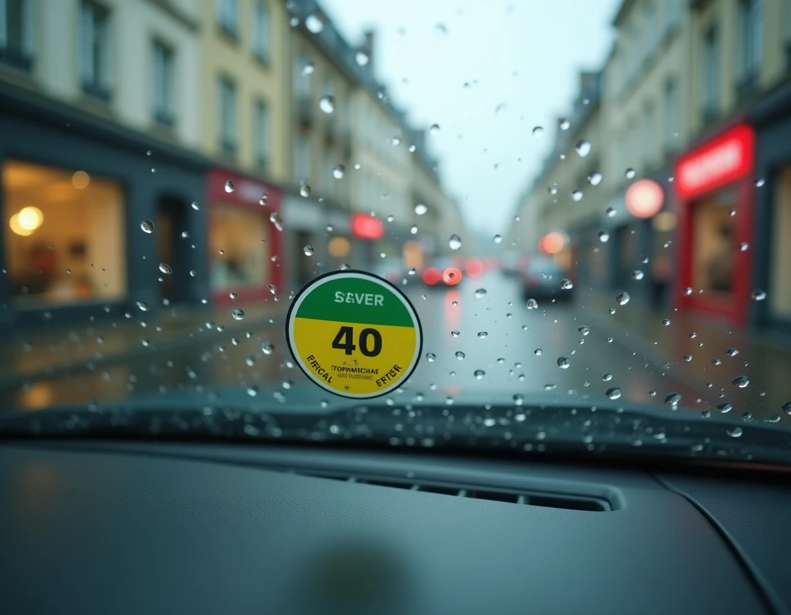 Gros plan sur une vignette Crit'Air collée sur un pare-brise de voiture sous la pluie, avec une rue française floue en arrière-plan