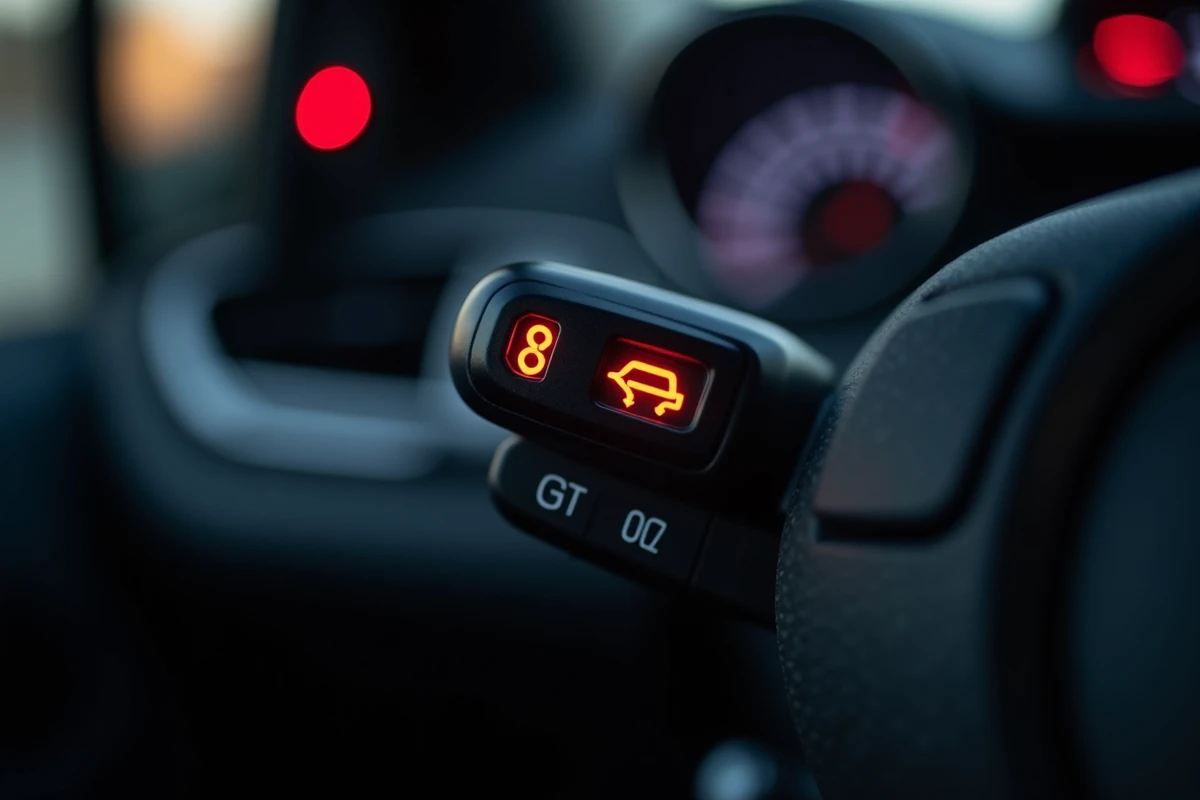 Gros plan sur les voyants d'alerte du tableau de bord Peugeot 208 avec témoin rouge de pression d'huile allumé
