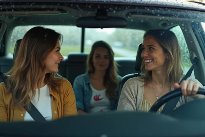 Trois personnes discutant dans une voiture sous la pluie