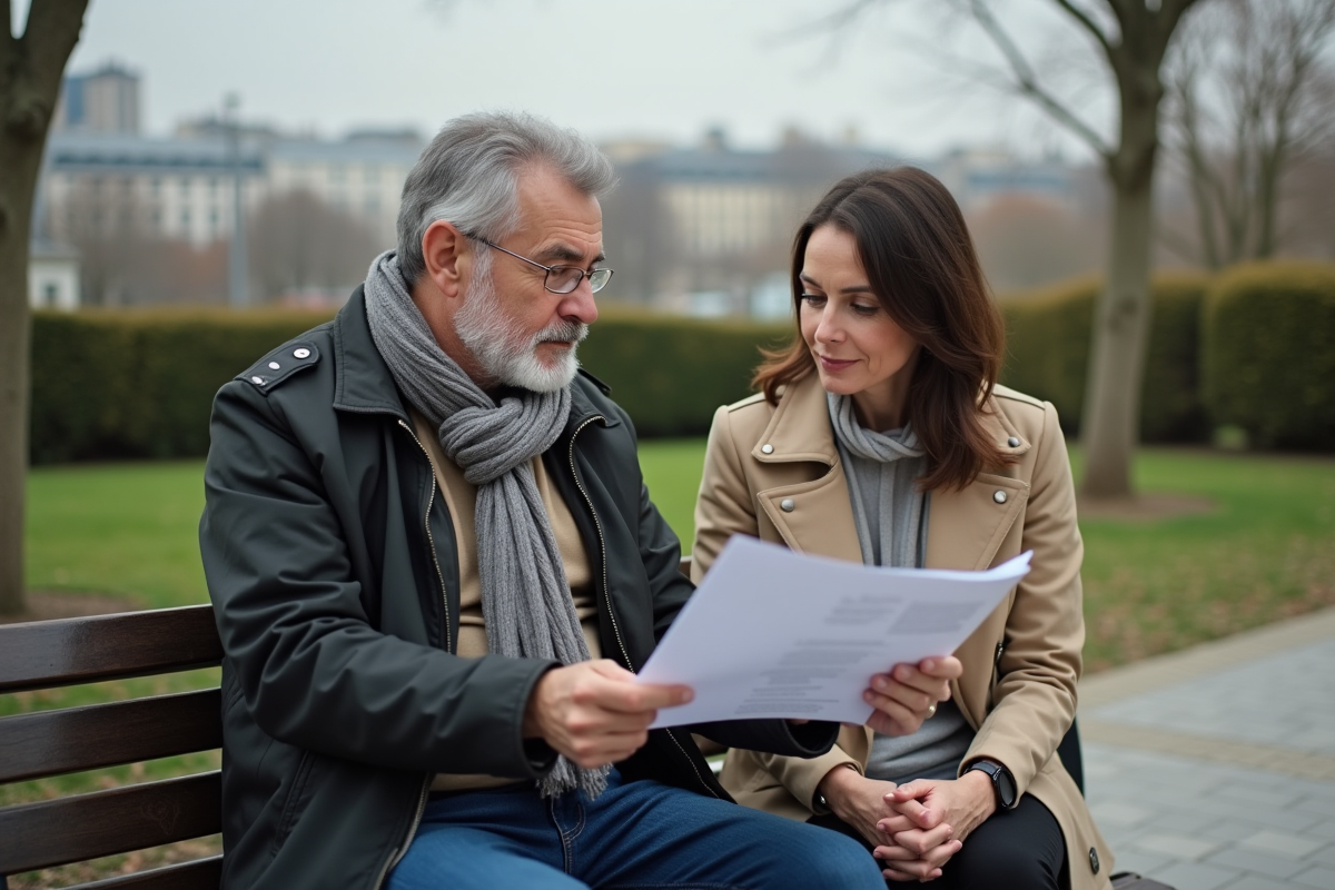 Homme et femme assurant examinent un formulaire dans un parc urbain