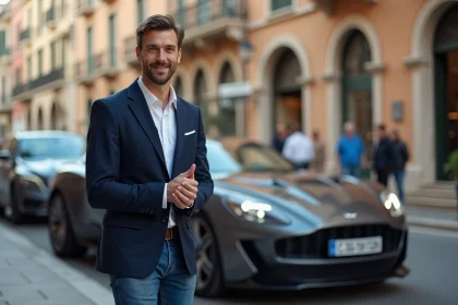Homme en blazer navy devant une voiture à Monaco