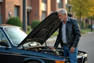 Homme examinant le moteur d'une BMW 1990 à l'extérieur