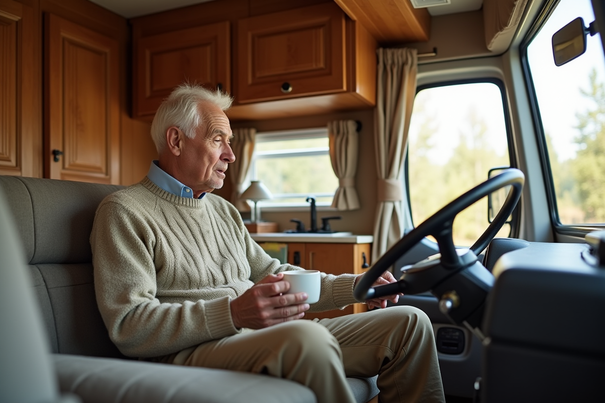 Homme âgé sirotant un café dans un van aménagé