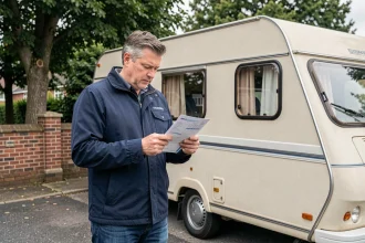 Homme examinant la carte grise d'une caravane d'occasion garée dans une allée résidentielle