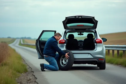 Homme en jeans change une roue de voiture en campagne