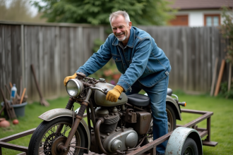 Homme en denim charge une moto ancienne dans une cour