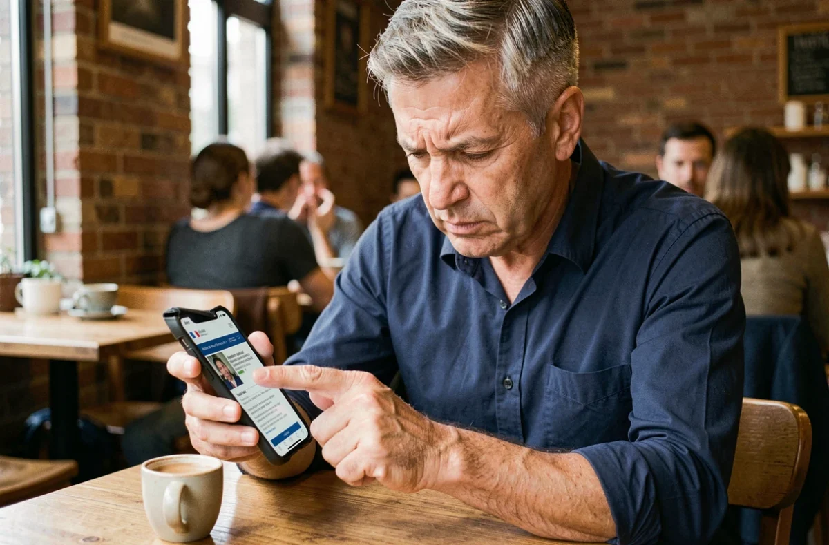 Homme consultant le site 209.fr sur son smartphone dans un café urbain parisien avec une expression de concentration