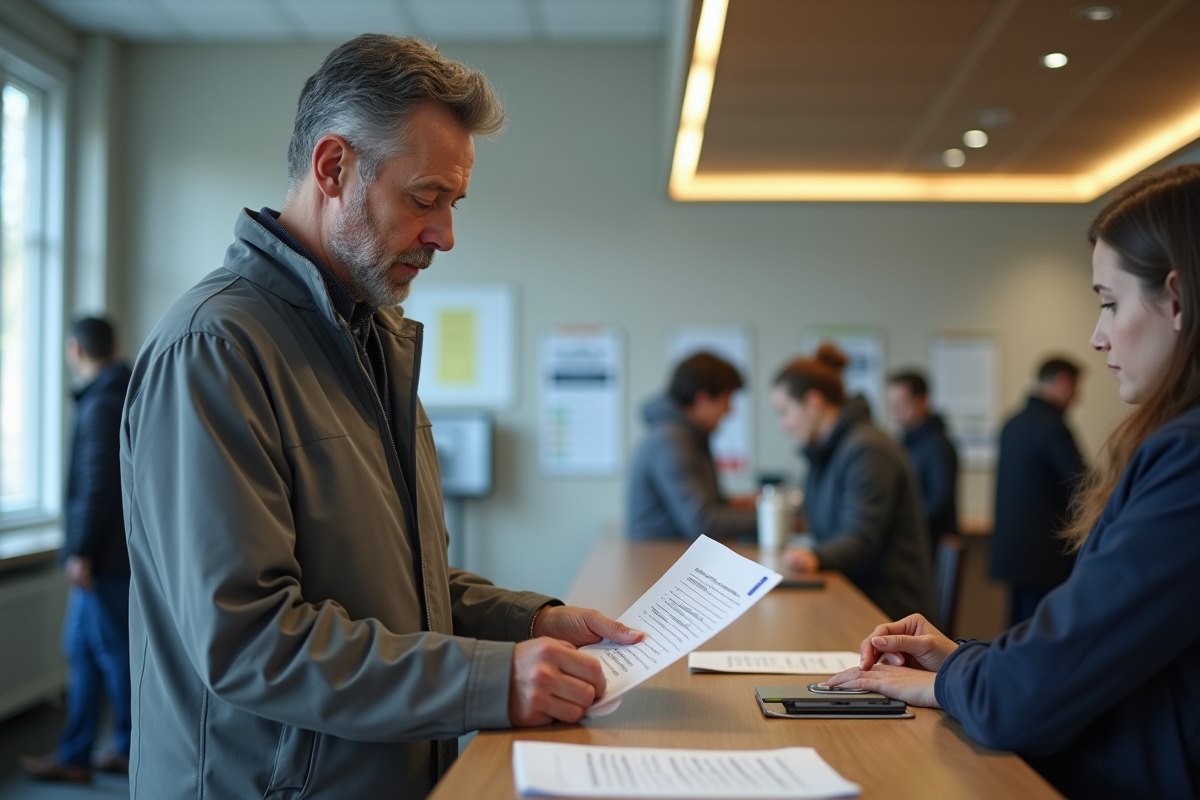 Homme en extérieur remettant des papiers à la préfecture