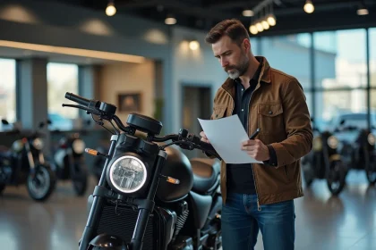 Homme en veste et jean inspectant une moto en showroom