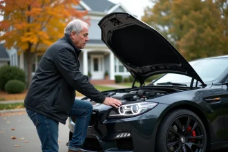 Homme regardant le moteur d'une voiture moderne dans une allée