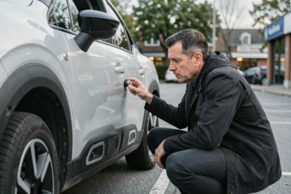 Homme inspectant la porte d'un Citroën C3 Aircross dans un parking, voyant de verrouillage clignotant en rouge