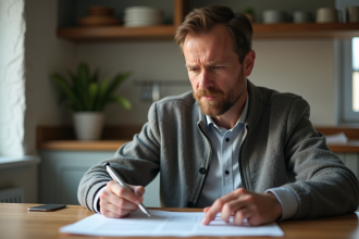 Homme d'âge moyen lisant un formulaire de transfert de véhicule dans la cuisine