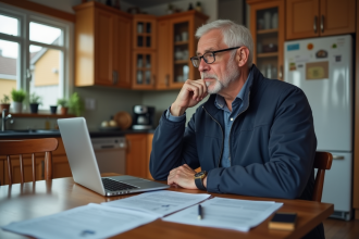 Homme d'âge moyen lisant des papiers d'assurance voiture