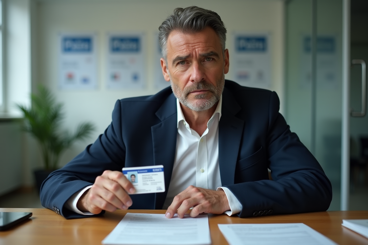 Homme français tenant un permis de conduire dans un bureau officiel