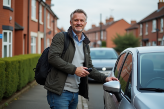 Homme d'âge moyen verrouille sa voiture dans un quartier résidentiel