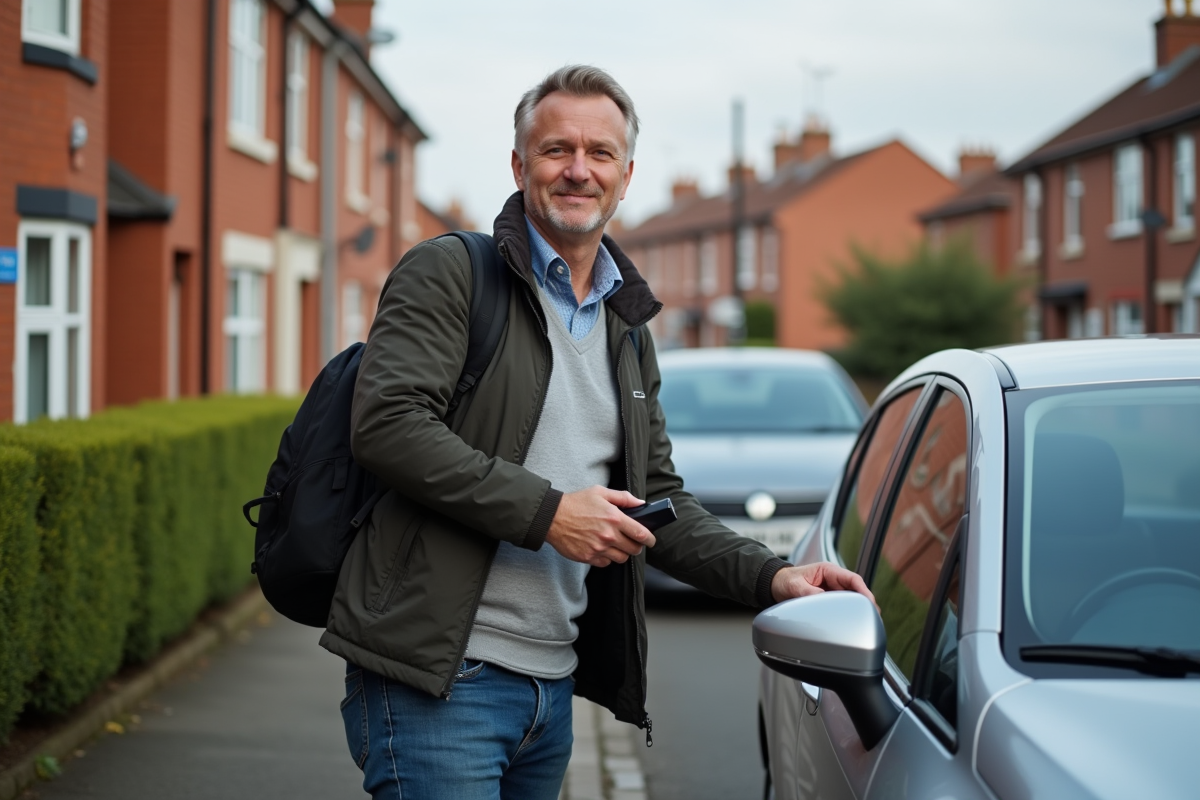 Homme d'âge moyen verrouille sa voiture dans un quartier résidentiel