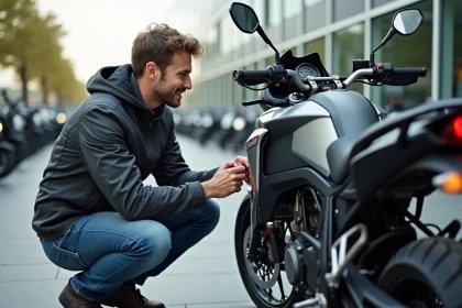 Homme inspectant une moto aventure 2026 en concession