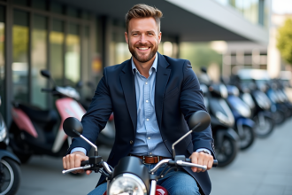 Homme souriant avec moto neuve 125cc en concession