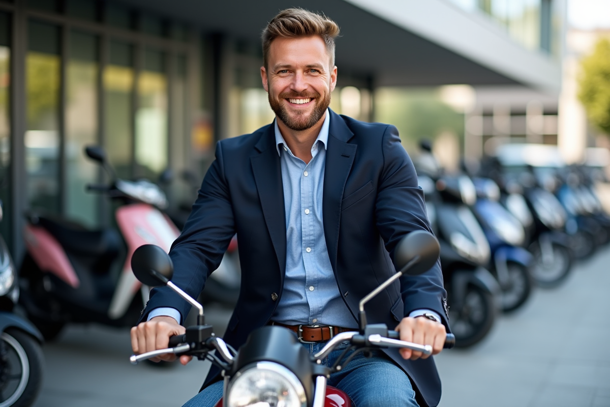 Homme souriant avec moto neuve 125cc en concession