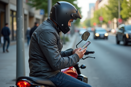 Homme en moto utilisant Waze en ville