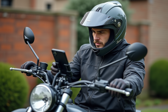 Jeune homme en moto attachant son téléphone sur un support