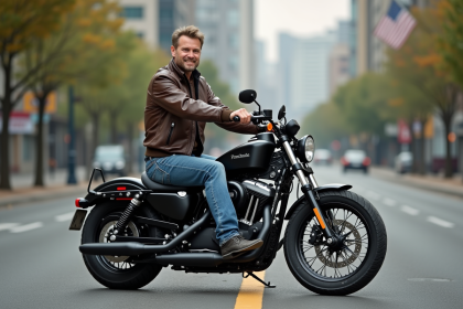 Homme d'âge moyen sur une moto vintage en ville