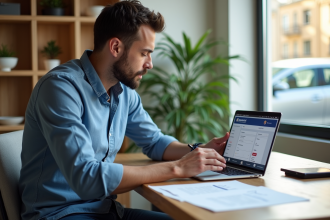 Homme concentré sur un site d'assurance voiture en ligne