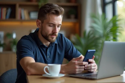 Homme en polo regardant voitures sur son smartphone dans un salon