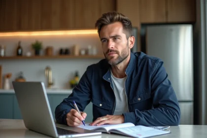 Homme concentré à la recherche dans sa cuisine moderne